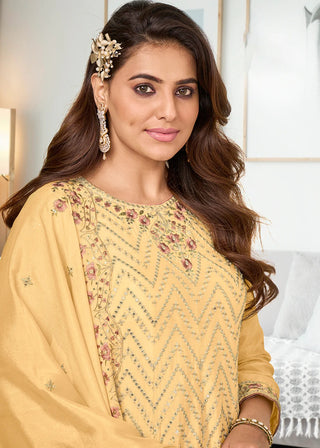 Yellow Embroidered Chinnon Palazzo Suit Set