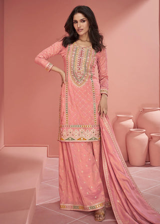 Organza Silk Coral Pink Embroidered Suit Set
