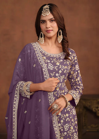 Faux Georgette Purple Embroidered Suit Set