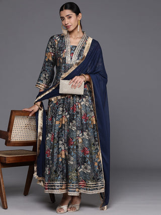 Navy Blue Silk Floral Print & GotaDetailing Anarkali Kurta with Dupatta