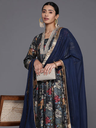 Navy Blue Silk Floral Print & GotaDetailing Anarkali Kurta with Dupatta