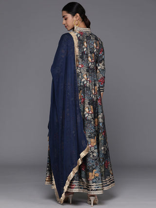 Navy Blue Silk Floral Print & GotaDetailing Anarkali Kurta with Dupatta