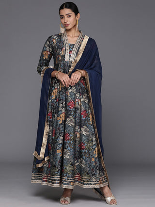 Navy Blue Silk Floral Print & GotaDetailing Anarkali Kurta with Dupatta