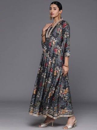 Navy Blue Silk Floral Print & GotaDetailing Anarkali Kurta with Dupatta