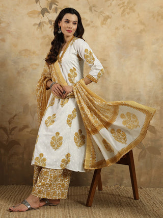 Off White & Mustard Cotton Blend Print & Embroidered Suit Set with Chanderi Cotton Dupatta (Copy)