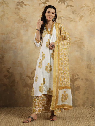 Off White & Mustard Cotton Blend Print & Embroidered Suit Set with Chanderi Cotton Dupatta (Copy)