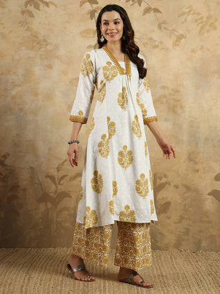 Off White & Mustard Cotton Blend Print & Embroidered Suit Set with Chanderi Cotton Dupatta (Copy)