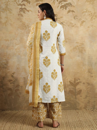 Off White & Mustard Cotton Blend Print & Embroidered Suit Set with Chanderi Cotton Dupatta 