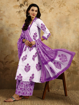 Off White & Purple Cotton Blend Print & Embroidered Suit Set with Chanderi Cotton Dupatta