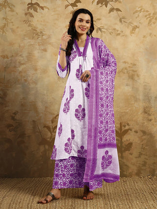 Off White & Purple Cotton Blend Print & Embroidered Suit Set with Chanderi Cotton Dupatta