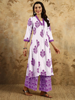 Off White & Purple Cotton Blend Print & Embroidered Suit Set with Chanderi Cotton Dupatta