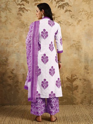 Off White & Purple Cotton Blend Print & Embroidered Suit Set with Chanderi Cotton Dupatta