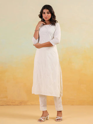 White Pure Cotton Floral Embroidered Kurta Bottom Set