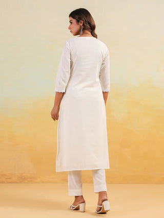 White Pure Cotton Floral Embroidered Kurta Bottom Set