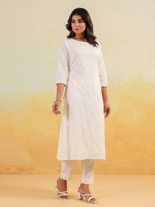 White Pure Cotton Floral Embroidered Kurta Bottom Set