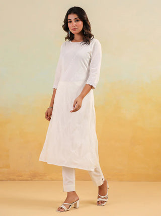 White Pure Cotton Floral Embroidered Kurta Bottom Set