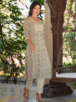 Off White Pure Cotton Floral Print Kurta Bottom Set