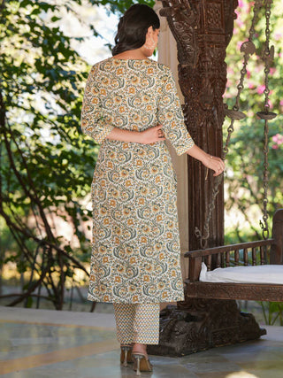 Off White Pure Cotton Floral Print Kurta Bottom Set