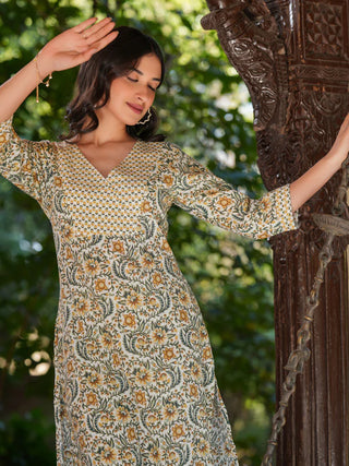 Off White Pure Cotton Floral Print Kurta Bottom Set