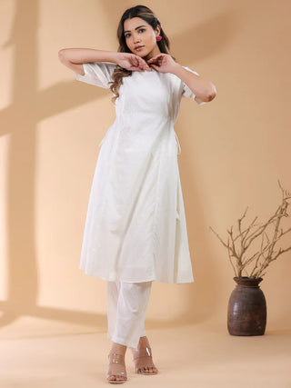 Off White Pure Cotton Self Designed Straight Shape Kurta Bottom Set