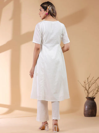 Off White Pure Cotton Self Designed Straight Shape Kurta Bottom Set