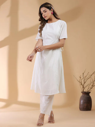 Off White Pure Cotton Self Designed Straight Shape Kurta Bottom Set
