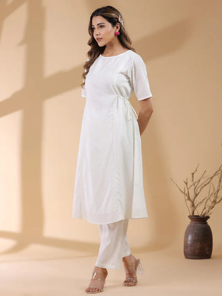 Off White Pure Cotton Self Designed Straight Shape Kurta Bottom Set