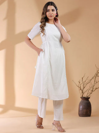 Off White Pure Cotton Self Designed Straight Shape Kurta Bottom Set