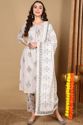 Off White Rayon Blend Floral Print Straight Shape Suit Set with Dupatta