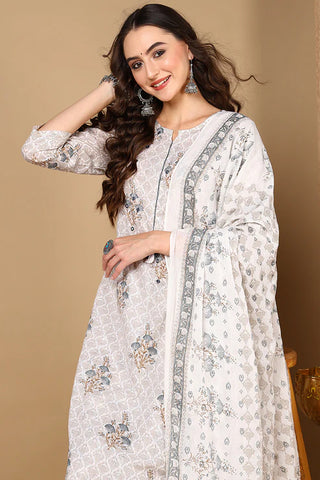 Off White Rayon Blend Floral Print Straight Shape Suit Set with Dupatta