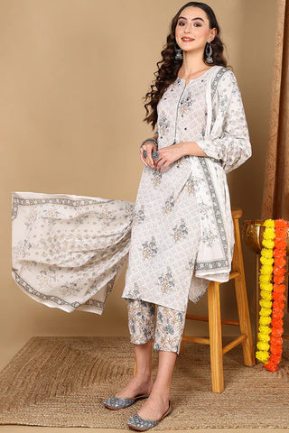 Off White Rayon Blend Floral Print Straight Shape Suit Set with Dupatta