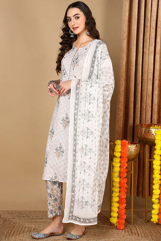 Off White Rayon Blend Floral Print Straight Shape Suit Set with Dupatta