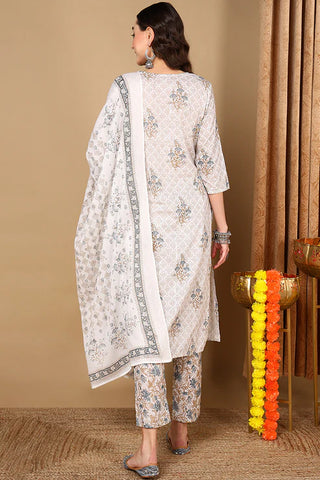 Off White Rayon Blend Floral Print Straight Shape Suit Set with Dupatta