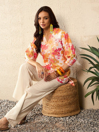 Off White Rayon Blend Floral Print Co-Ord Set