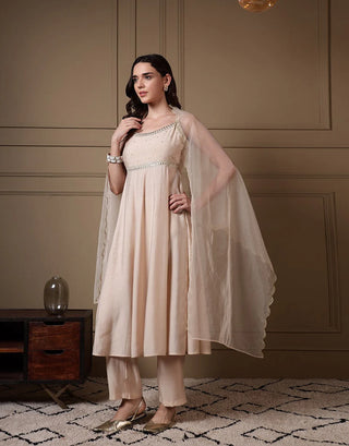 Off White Viscose Chanderi Embroidered A Line Suit Set with Dupatta