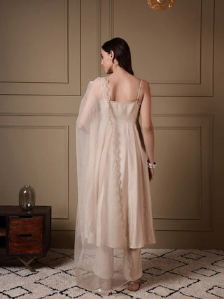 Off White Viscose Chanderi Embroidered A Line Suit Set with Dupatta