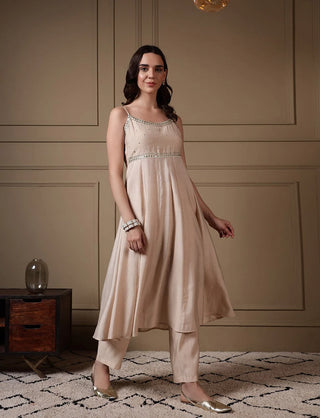 Off White Viscose Chanderi Embroidered A Line Suit Set with Dupatta