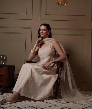 Off White Viscose Chanderi Embroidered A Line Suit Set with Dupatta
