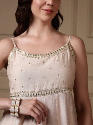 Off White Viscose Chanderi Embroidered A Line Suit Set with Dupatta