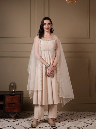 Off White Viscose Chanderi Embroidered A Line Suit Set with Dupatta