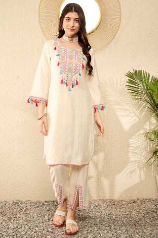 Off White Viscose Rayon Thread & Mirror Work Embroidered Straight Shape Kurta Trouser CO-Ord Set