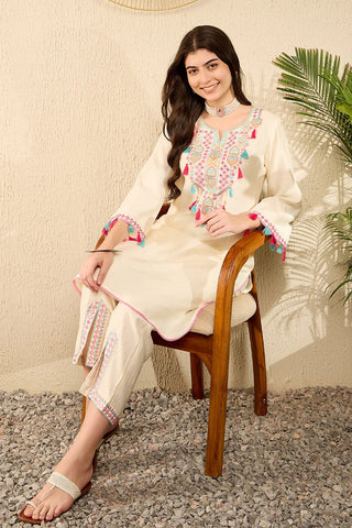 Off White Viscose Rayon Thread & Mirror Work Embroidered Straight Shape Kurta Trouser CO-Ord Set