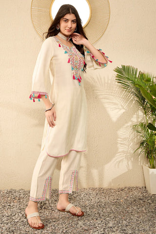 Off White Viscose Rayon Thread & Mirror Work Embroidered Straight Shape Kurta Trouser CO-Ord Set