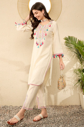 Off White Viscose Rayon Thread & Mirror Work Embroidered Straight Shape Kurta Trouser CO-Ord Set