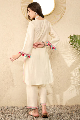 Off White Viscose Rayon Thread & Mirror Work Embroidered Straight Shape Kurta Trouser CO-Ord Set