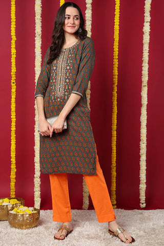 Olive Green Cotton Blend Floral Print & Embroidered Straight Shape Kurta