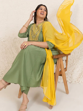 Olive Green & Yellow Chinnon Yoke Embroidered Suit Set with ChiffonDupatta