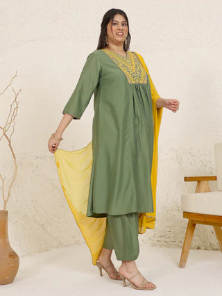 Olive Green & Yellow Chinnon Yoke Embroidered Suit Set with ChiffonDupatta