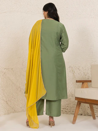 Olive Green & Yellow Chinnon Yoke Embroidered Suit Set with ChiffonDupatta