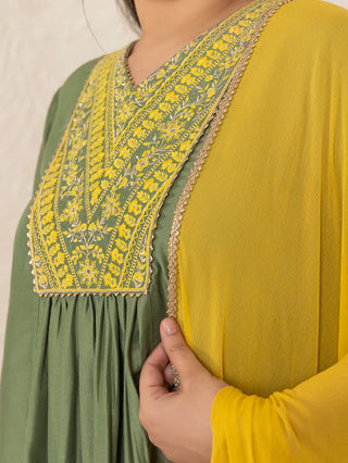 Olive Green & Yellow Chinnon Yoke Embroidered Suit Set with ChiffonDupatta